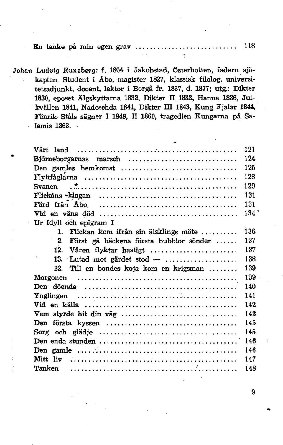 : Dikter 1830, eposet Älgskyttarna 1832, Dikter II 1833, Hanna 1836, Julkvällen 1841, Nadeschda 1841, Dikter ni 1843, Kung Fjalar 1844, Fänrik Ståls sägner I 1848, II 1860, tragedien Kungarna på