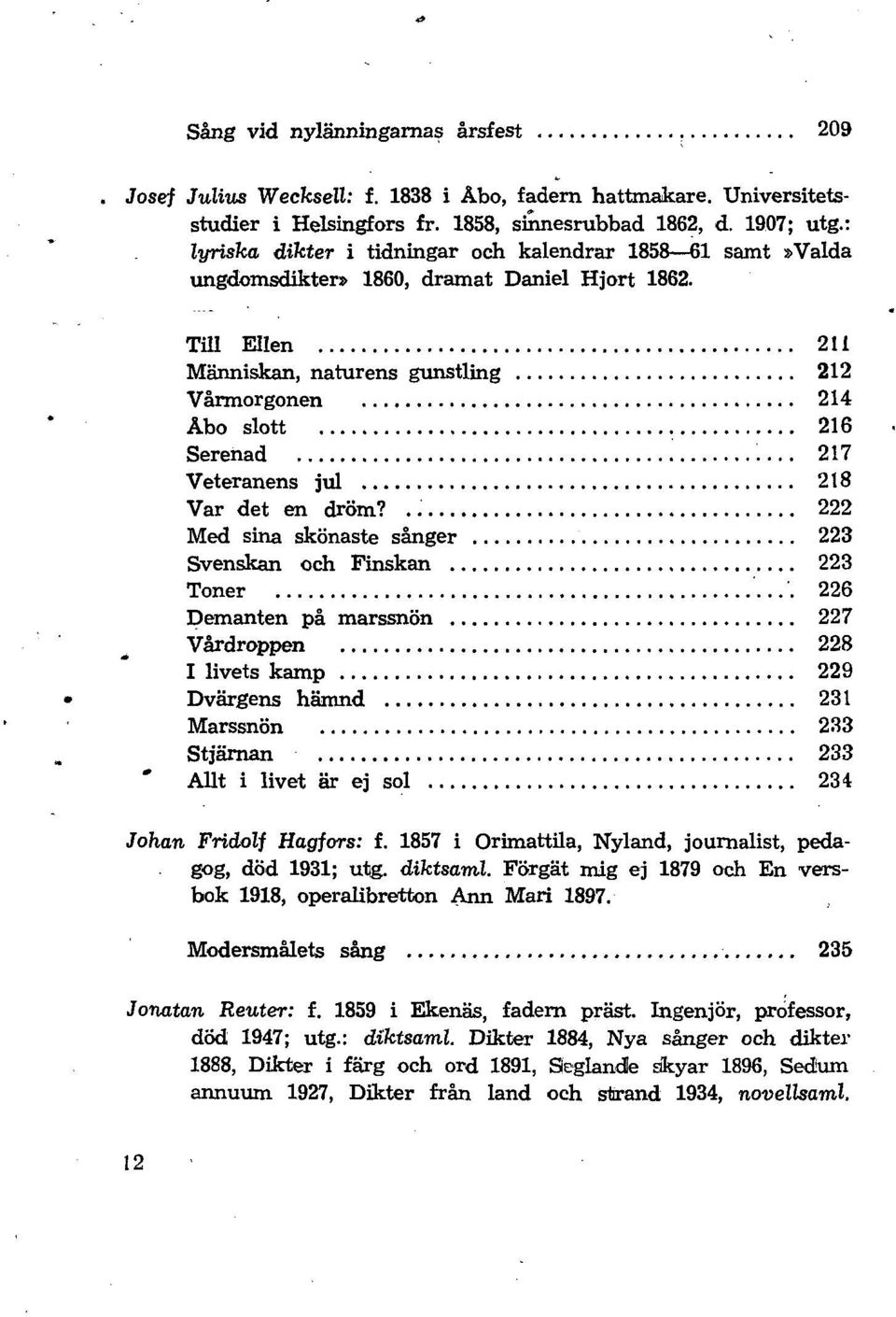 Till Ellen 211 Människan, naturens gunstling 212 Vårmorgonen 214 Åbo slott 216 Serenad 217 Veteranens jul 218 Var det en dröm?