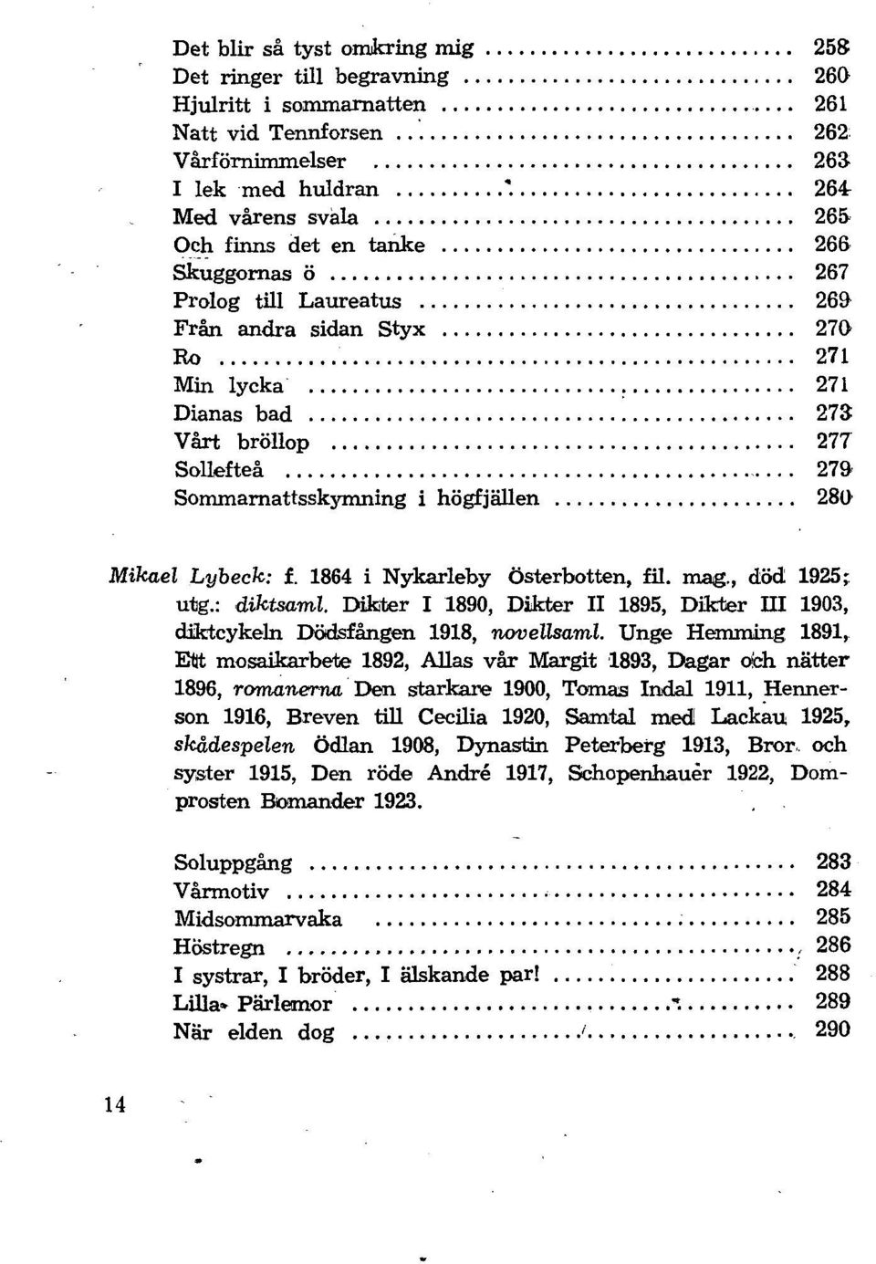 Sommarnattsskymning i högfjällen 280 Mikael Lybeck: i. 1864 i Nykarleby Österbotten, fil. mag., död 1925; utg.: diktsaml.