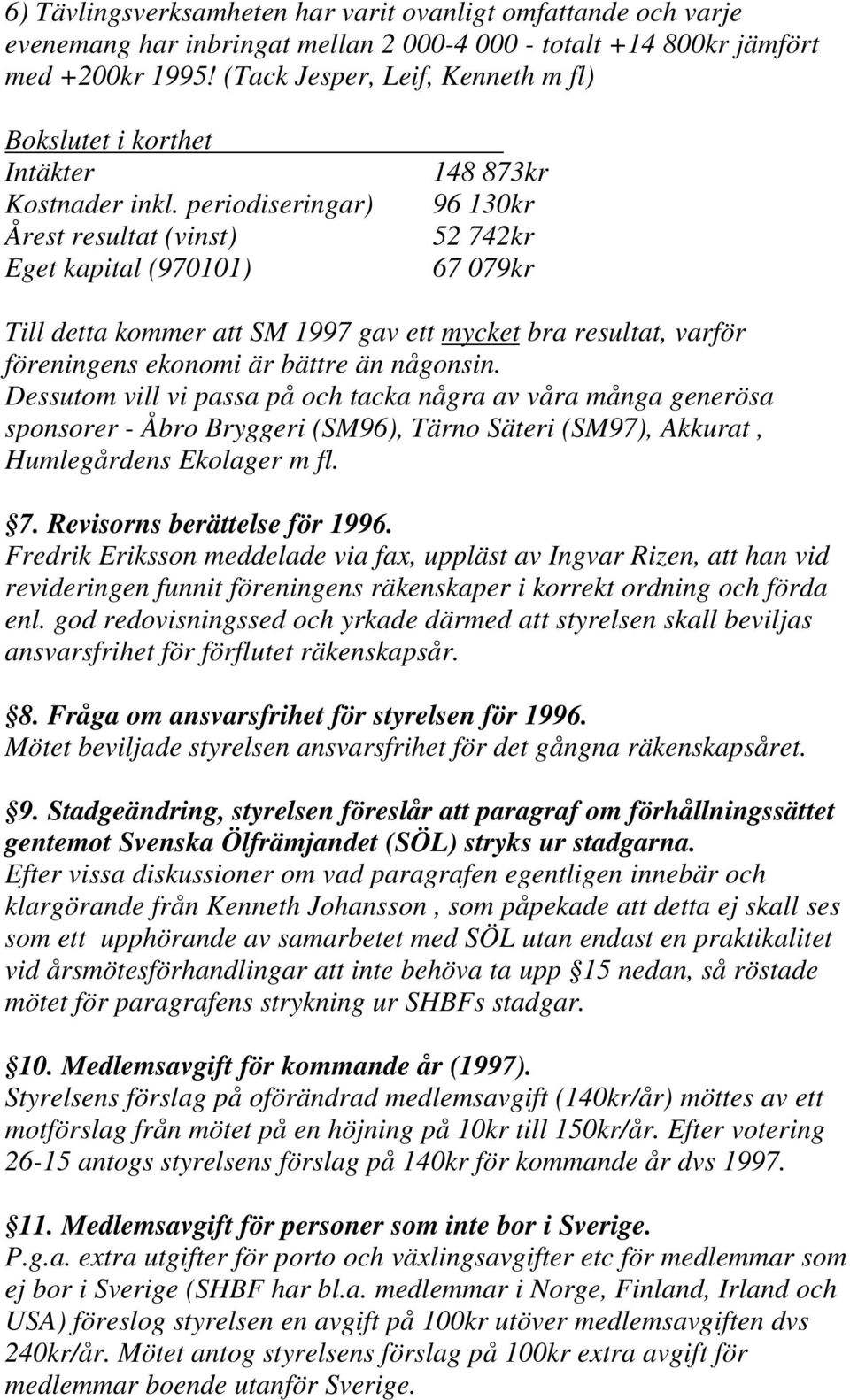 periodiseringar) Årest resultat (vinst) Eget kapital (970101) 148 873kr 96 130kr 52 742kr 67 079kr Till detta kommer att SM 1997 gav ett mycket bra resultat, varför föreningens ekonomi är bättre än