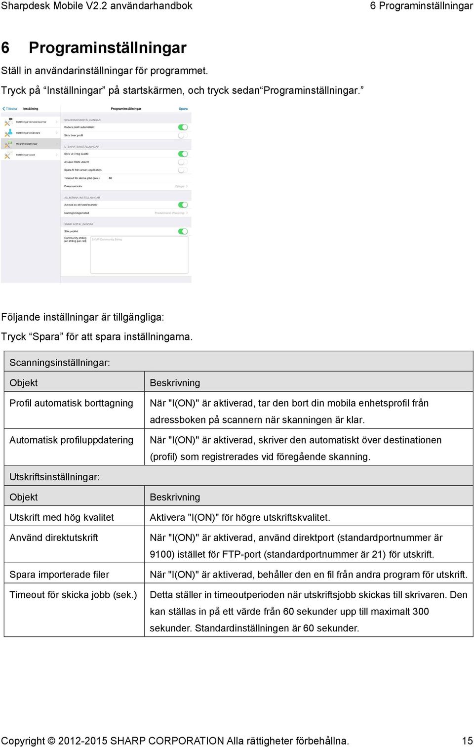 Scanningsinställningar: Objekt Profil automatisk borttagning Automatisk profiluppdatering Beskrivning När "I(ON)" är aktiverad, tar den bort din mobila enhetsprofil från adressboken på scannern när