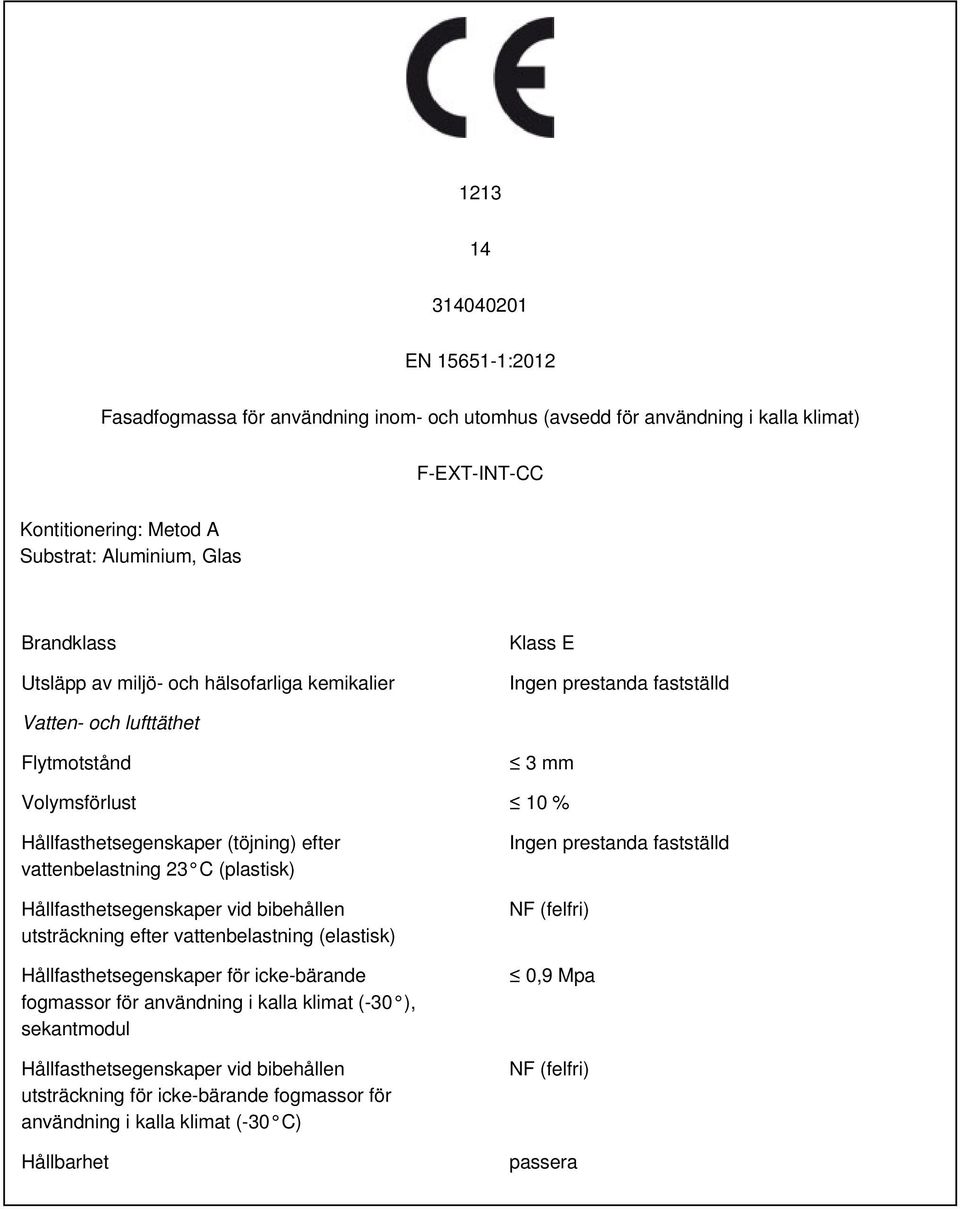 Hållfasthetsegenskaper vid bibehållen utsträckning efter vattenbelastning (elastisk) Hållfasthetsegenskaper för icke-bärande fogmassor för användning i kalla klimat (-30