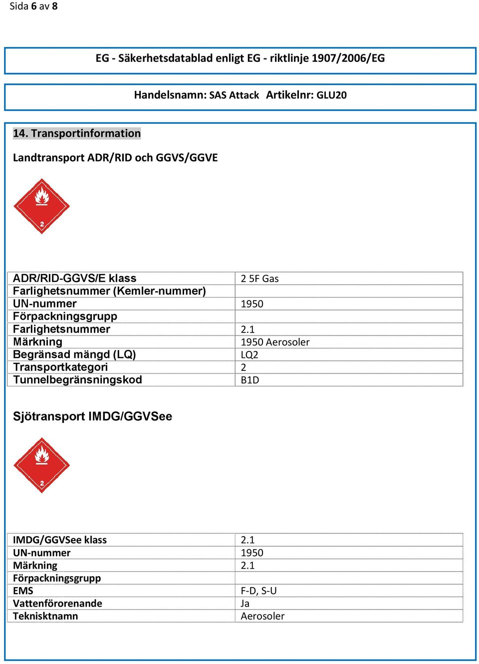 (Kemler-nummer) UN-nummer 1950 Förpackningsgrupp Farlighetsnummer 2.