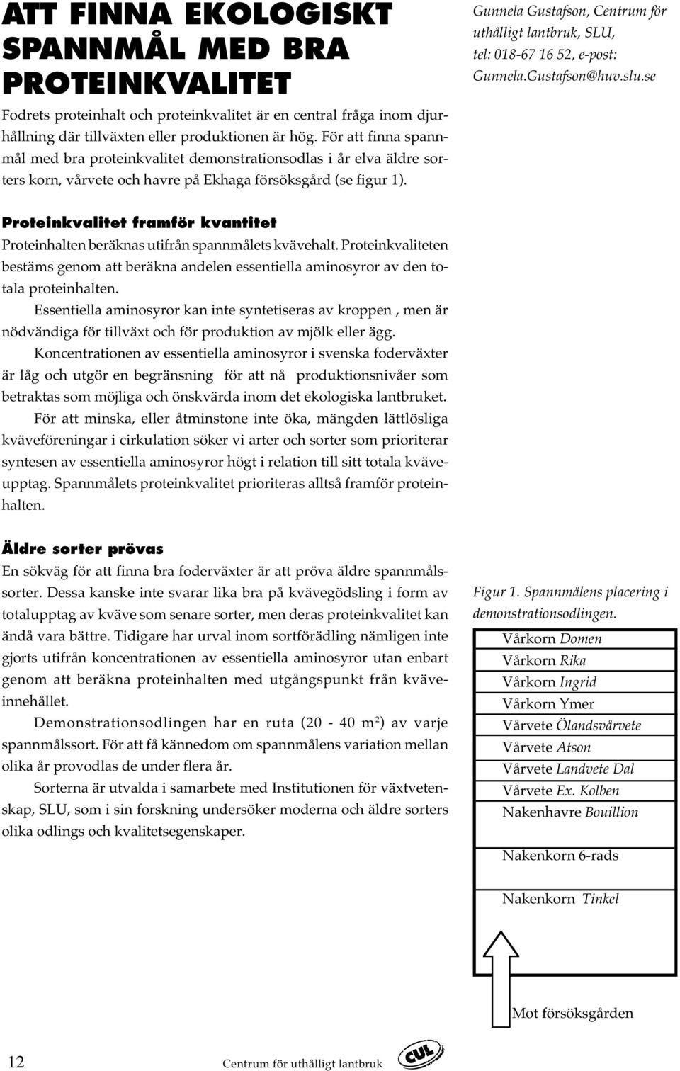 Gunnela Gustafson, Centrum för uthålligt lantbruk, SLU, tel: 018-67 16 52, e-post: Gunnela.Gustafson@huv.slu.se Proteinkvalitet framför kvantitet Proteinhalten beräknas utifrån spannmålets kvävehalt.