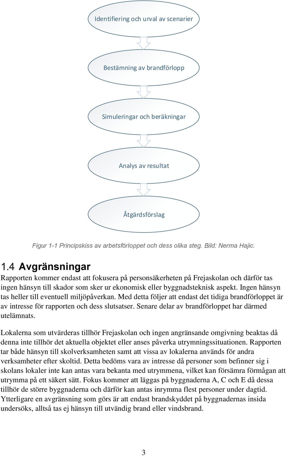 Ingen hänsyn tas heller till eventuell miljöpåverkan. Med detta följer att endast det tidiga brandförloppet är av intresse för rapporten och dess slutsatser.