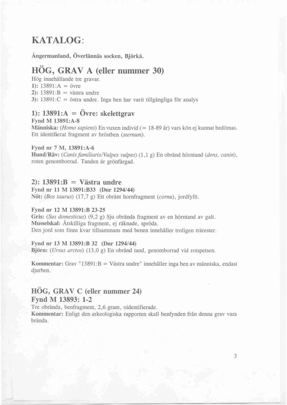 En identifierat fragment av bröstben (stemum). Fynd nr 7 '1, 1389l:A-6 HundlRäv: (CanisjamiliarisNulpes vu/pes) (I, l g) En ohränd hörntand (dens, canin), rolen genomborrad. Tanden är grönfårgad.