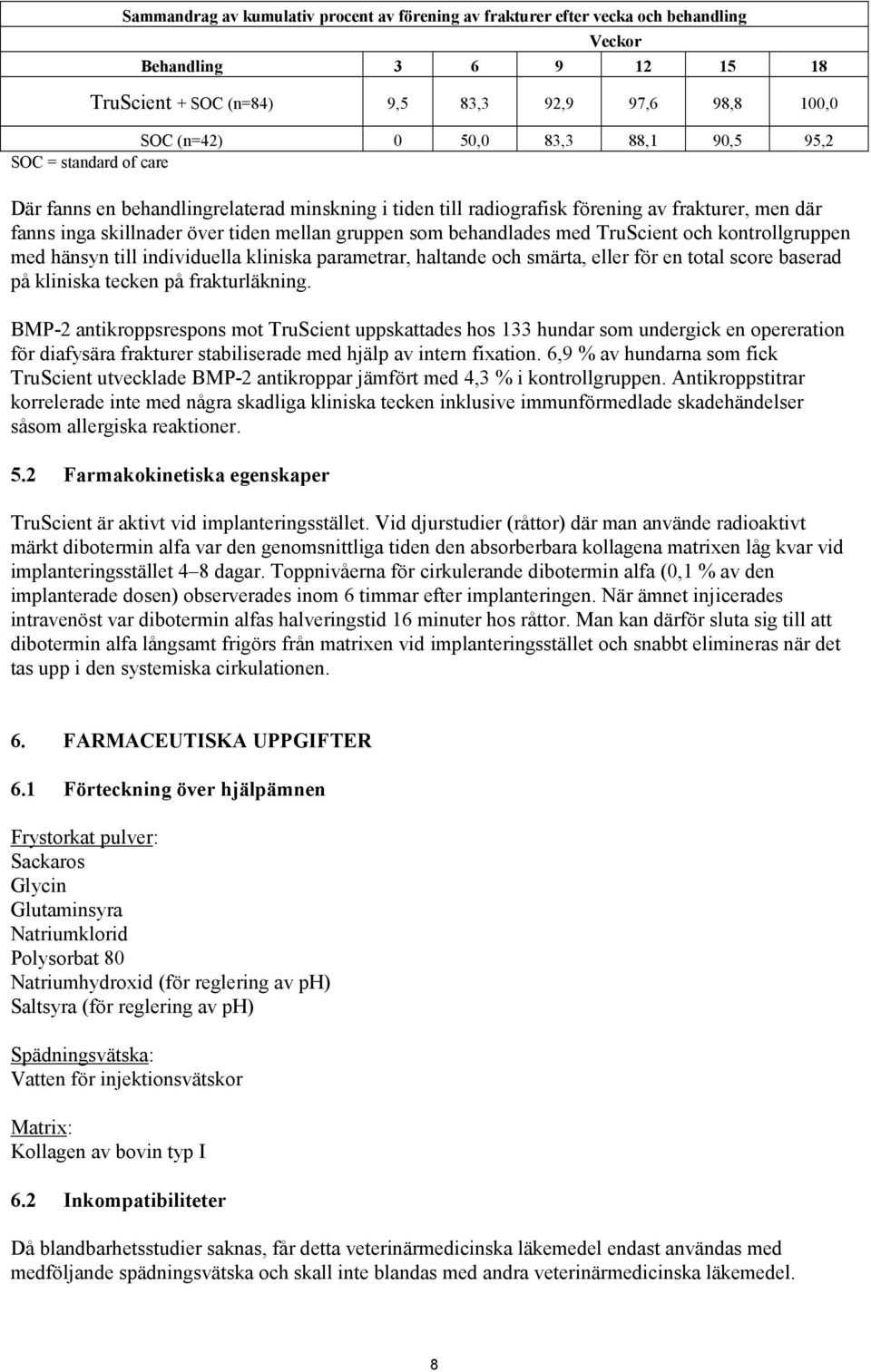 med TruScient och kontrollgruppen med hänsyn till individuella kliniska parametrar, haltande och smärta, eller för en total score baserad på kliniska tecken på frakturläkning.