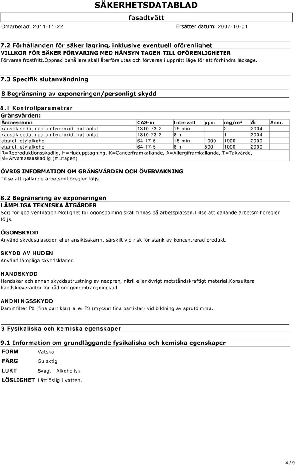 1 Kontrollparametrar Gränsvärden: Ämnesnamn CAS-nr Intervall ppm mg/m³ År Anm. kaustik soda, natriumhydroxid, natronlut 1310-73-2 15 min.