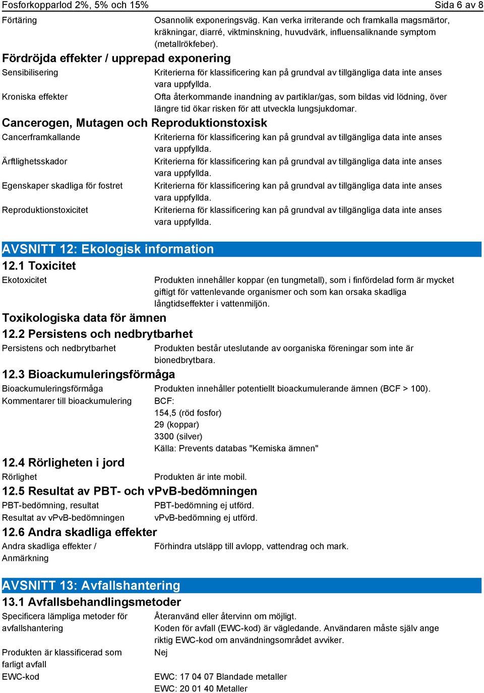 2 Persistens och nedbrytbarhet Persistens och nedbrytbarhet Osannolik exponeringsväg.