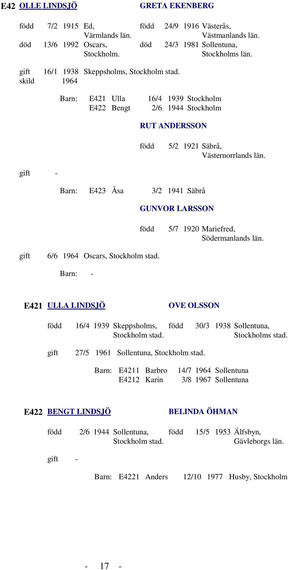 - Barn: E423 Åsa 3/2 1941 Säbrå GUNVOR LARSSON 5/7 1920 Mariefred, Södermanlands län. 6/6 1964 Oscars, Stockholm stad. Barn: - E421 ULLA LINDSJÖ OVE OLSSON 16/4 1939 Skeppsholms, Stockholm stad.