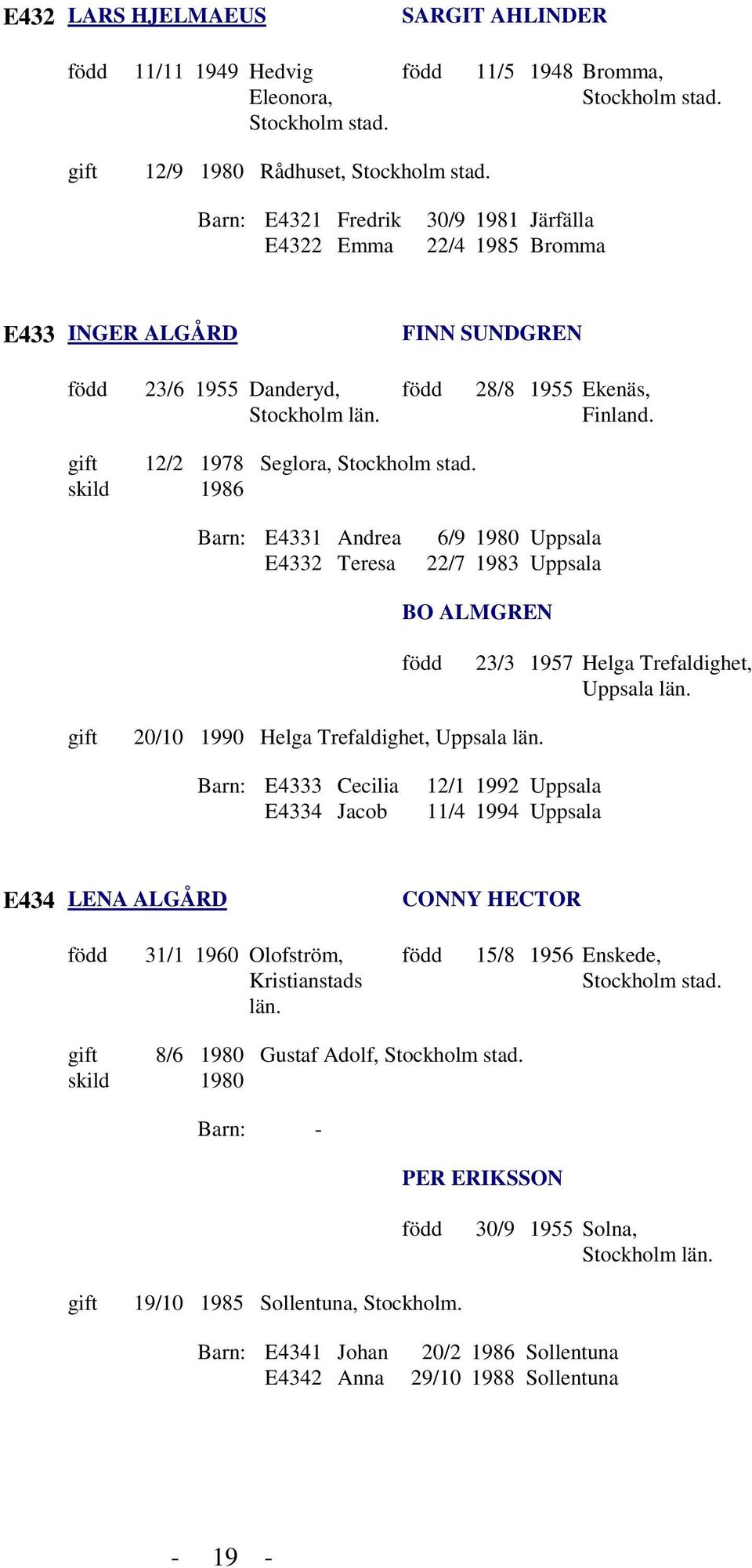 skild 1986 Barn: E4331 Andrea E4332 Teresa 6/9 1980 Uppsala 22/7 1983 Uppsala BO ALMGREN 23/3 1957 Helga Trefaldighet, Uppsala län. 20/10 1990 Helga Trefaldighet, Uppsala län.