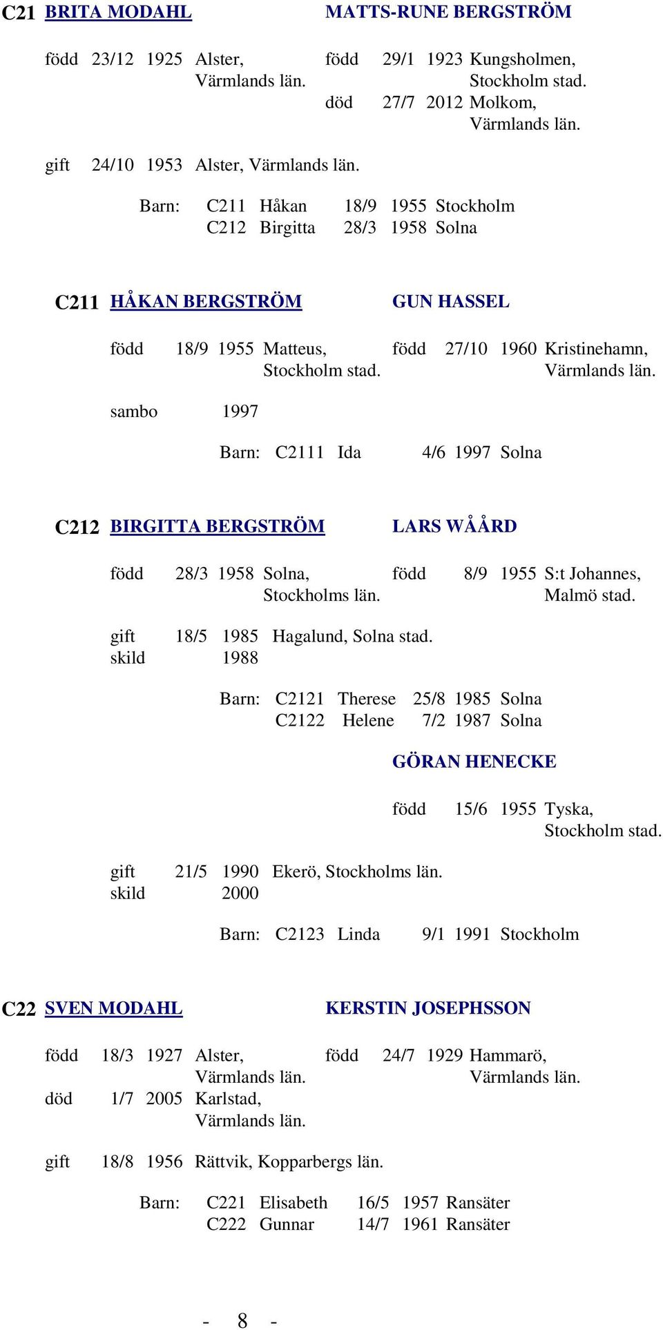 27/10 1960 Kristinehamn, sambo 1997 Barn: C2111 Ida 4/6 1997 Solna C212 BIRGITTA BERGSTRÖM LARS WÅÅRD 28/3 1958 Solna, Stockholms län. 8/9 1955 S:t Johannes, Malmö stad.