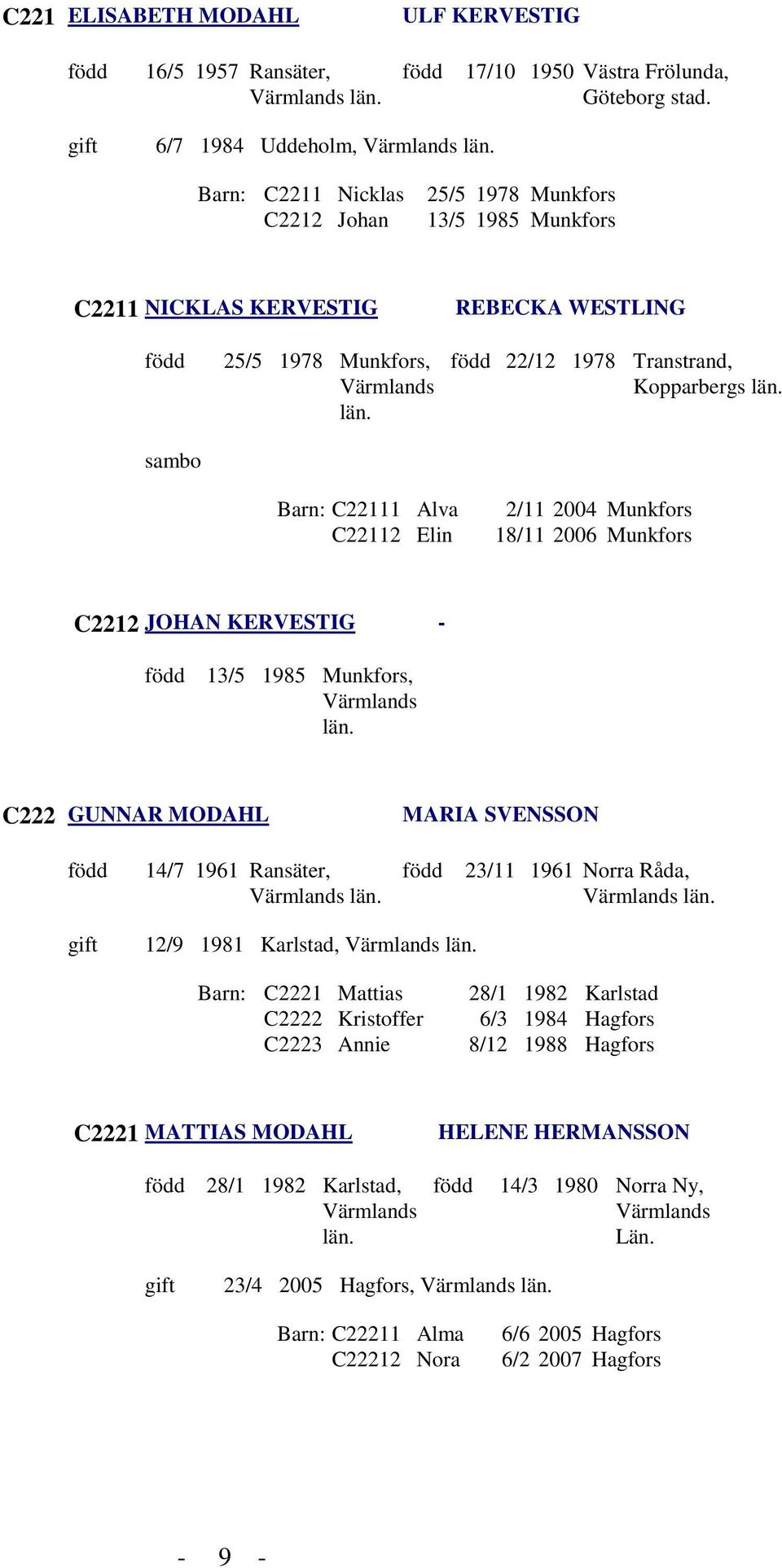 22/12 1978 Transtrand, Kopparbergs län. Barn: C22111 Alva C22112 Elin 2/11 2004 Munkfors 18/11 2006 Munkfors C2212 JOHAN KERVESTIG - 13/5 1985 Munkfors, Värmlands län.