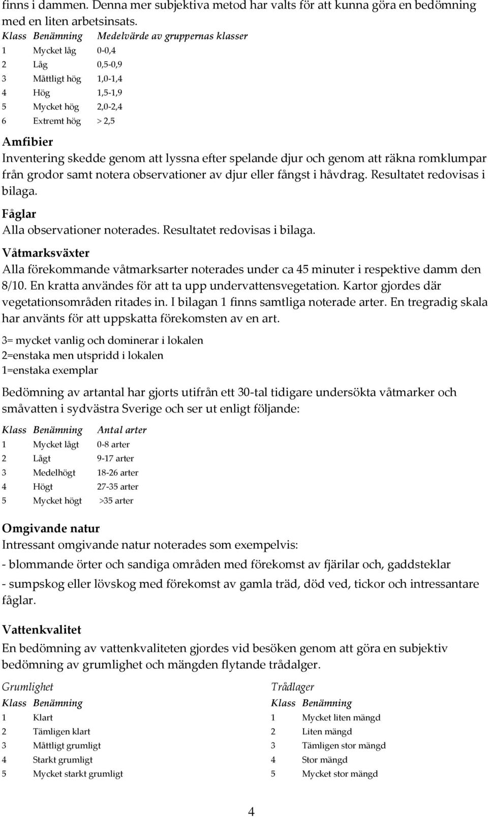 lyssna efter spelande djur och genom att räkna romklumpar från grodor samt notera observationer av djur eller fångst i håvdrag. Resultatet redovisas i bilaga. Fåglar Alla observationer noterades.