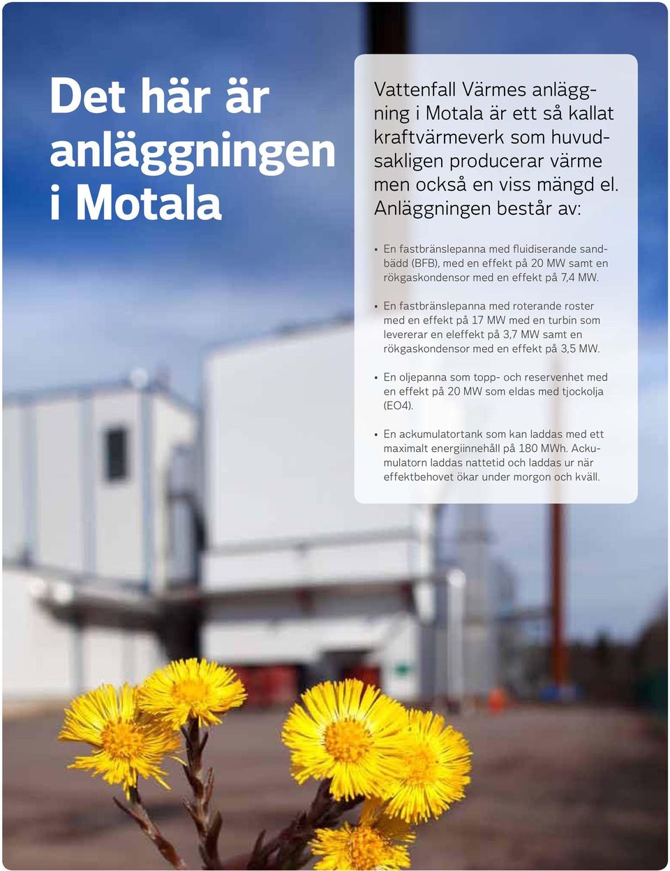 En fastbränslepanna med roterande roster med en effekt på 17 MW med en turbin som levererar en eleffekt på 3,7 MW samt en rökgaskondensor med en effekt på 3,5 MW.