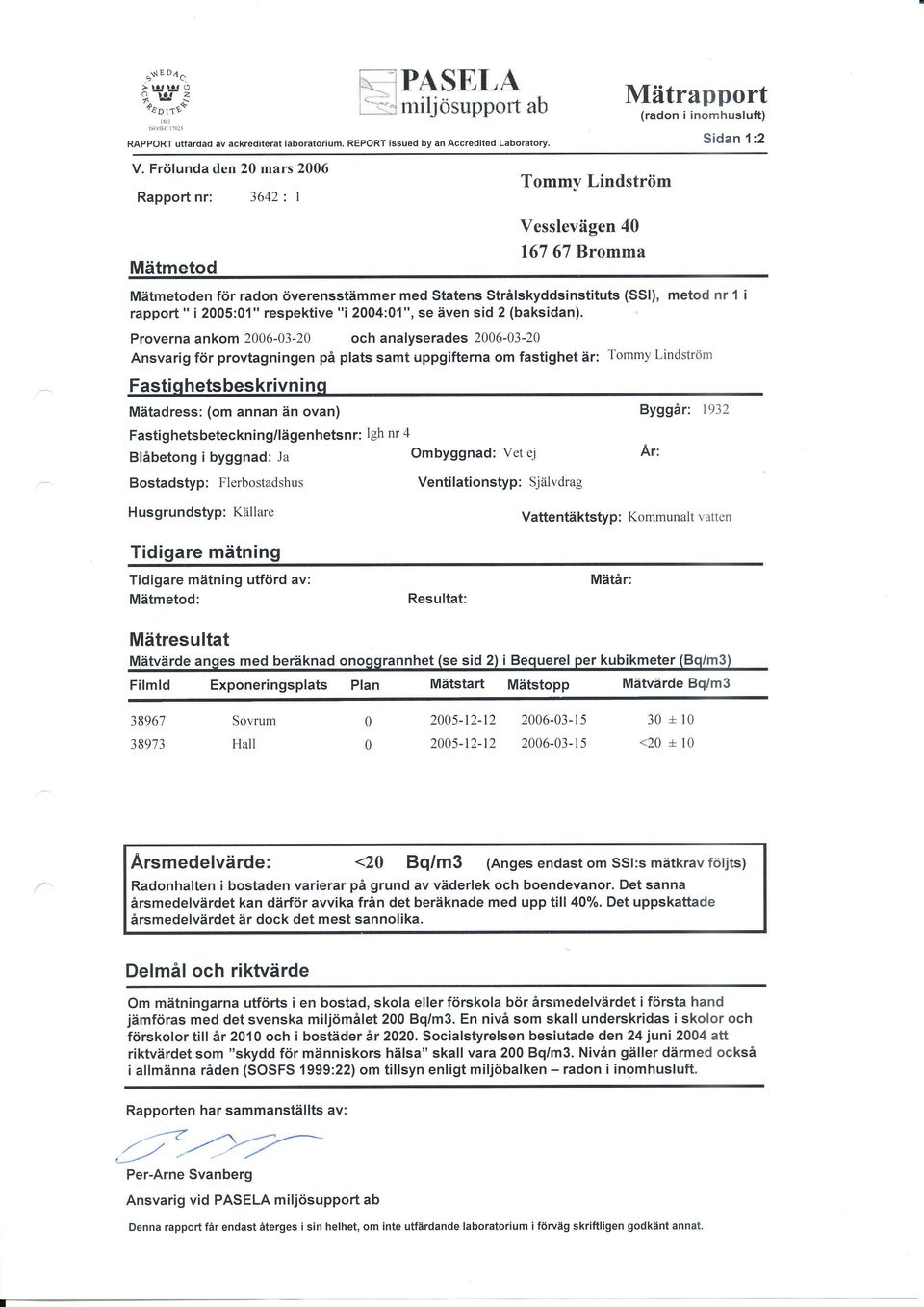 Ansvarig för provtagningen på plats samt uppgifterna om fastighet 11; Fastiq hetsbeskrivn i nq Fastighetsbeteckning/lägenhetsnr: lgh nr 4 Blåbetong i byggnad: Ja Ombyggnad: Vet ej Bostadstyp: