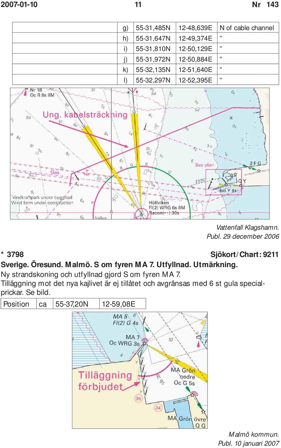 Öresund. Malmö. S om fyren MA 7. Utfyllnad. Utmärkning. Ny strandskoning och utfyllnad gjord S om fyren MA 7.