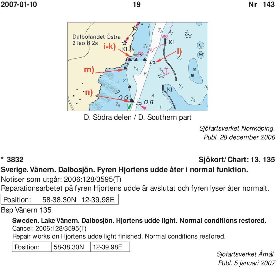 Notiser som utgår: 2006:128/3595(T) Reparationsarbetet på fyren Hjortens udde är avslutat och fyren lyser åter normalt.