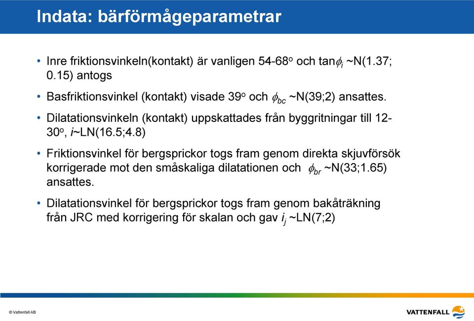 Dilatationsvinkeln (kontakt) uppskattades från byggritningar till 12-30 o, i~ln(16.5;4.