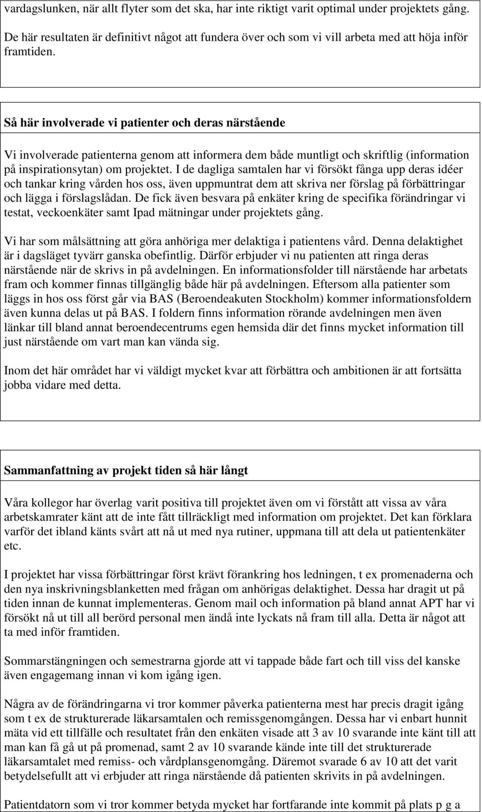 Så här involverade vi patienter och deras närstående Vi involverade patienterna genom att informera dem både muntligt och skriftlig (information på inspirationsytan) om projektet.