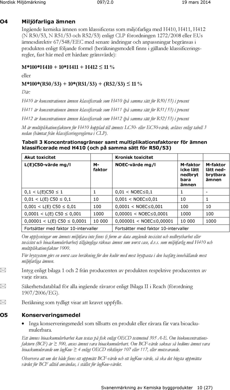 M*100*H410 + 10*H411 + H412 11 % eller M*100*(R50/53) + 10*(R51/53) + (R52/53) 11 % Där: H410 är koncentrationen ämnen klassificerade som H410 (på samma sätt för R50/53) i procent H411 är