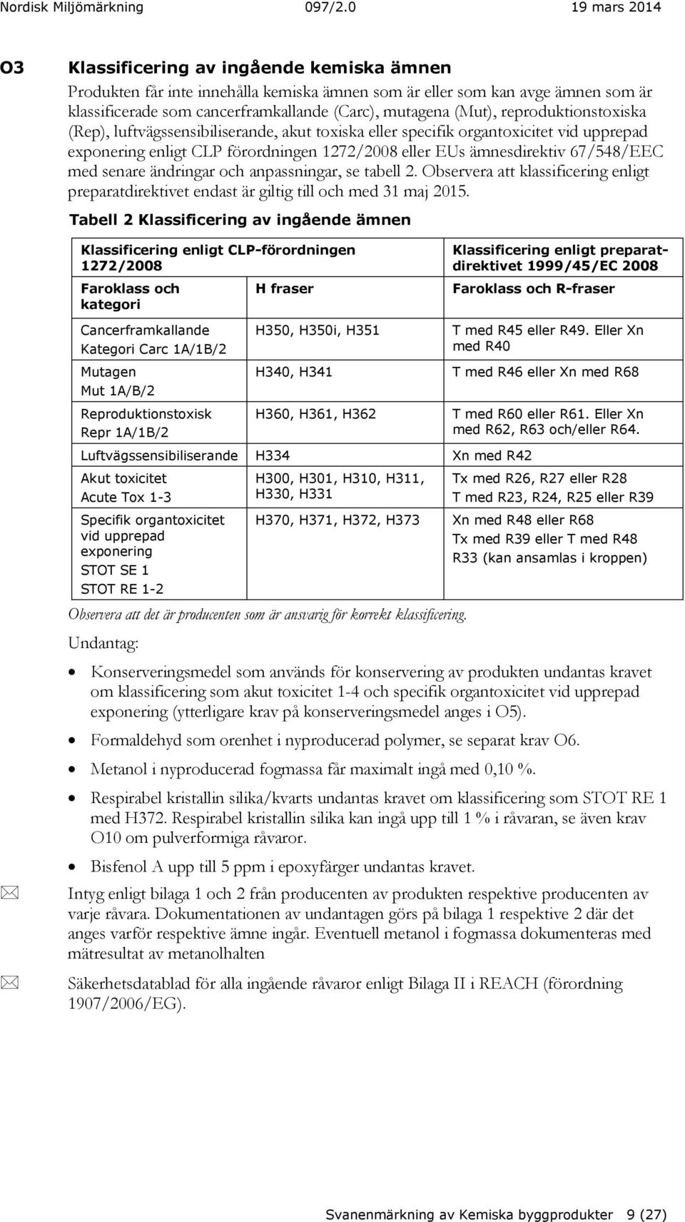 senare ändringar och anpassningar, se tabell 2. Observera att klassificering enligt preparatdirektivet endast är giltig till och med 31 maj 2015.