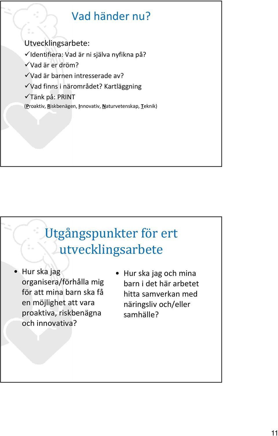 Kartläggning Tänk på: PRINT (Proaktiv, Riskbenägen, Innovativ, Naturvetenskap, Teknik) Utgångspunkter för ert