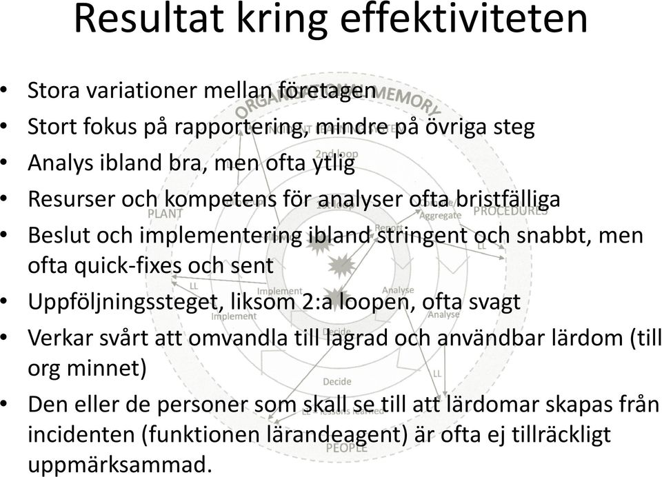 quick-fixes och sent Uppföljningssteget, liksom 2:a loopen, ofta svagt Verkar svårt att omvandla till lagrad och användbar lärdom (till