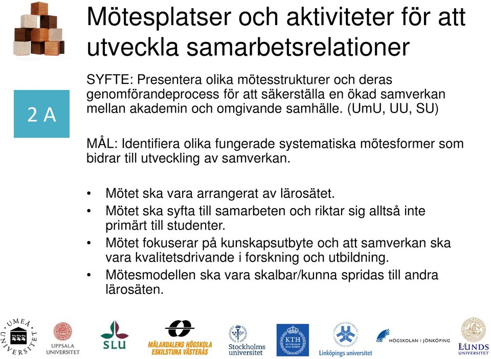 (UmU, UU, SU) MÅL: Identifiera olika fungerade systematiska mötesformer som bidrar till utveckling av samverkan. Mötet ska vara arrangerat av lärosätet.