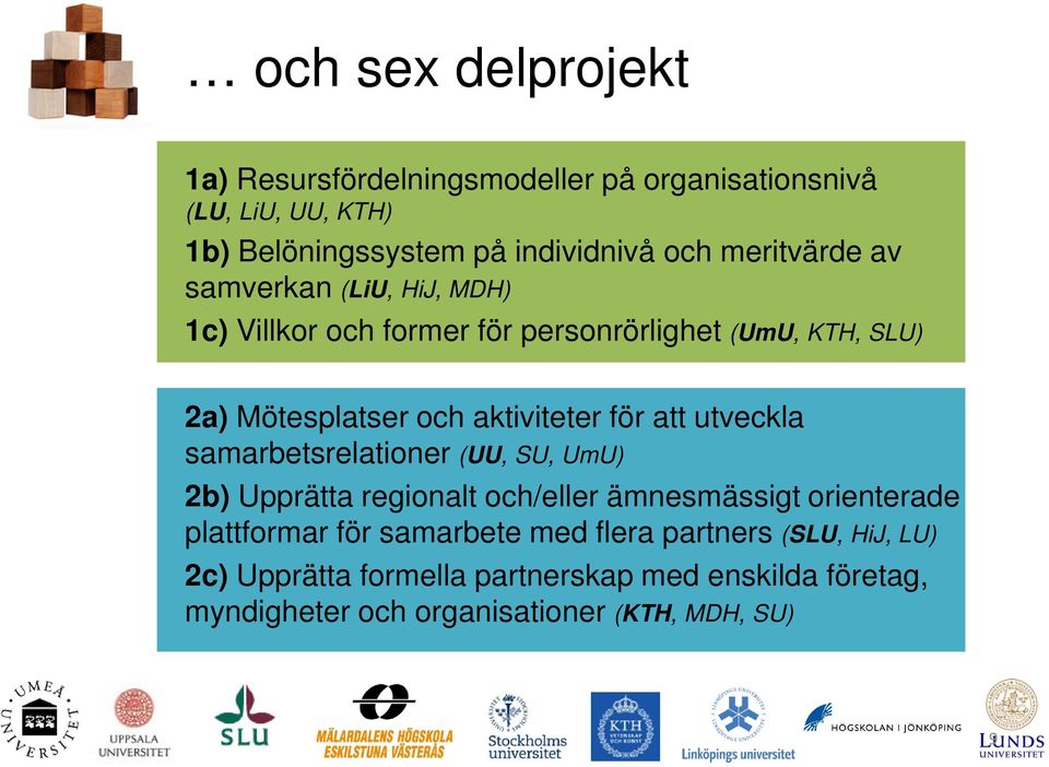 för att utveckla samarbetsrelationer (UU, SU, UmU) 2b) Upprätta regionalt och/eller ämnesmässigt orienterade plattformar för