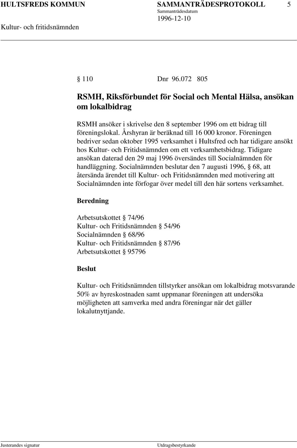 Årshyran är beräknad till 16 000 kronor. Föreningen bedriver sedan oktober 1995 verksamhet i Hultsfred och har tidigare ansökt hos Kultur- och Fritidsnämnden om ett verksamhetsbidrag.