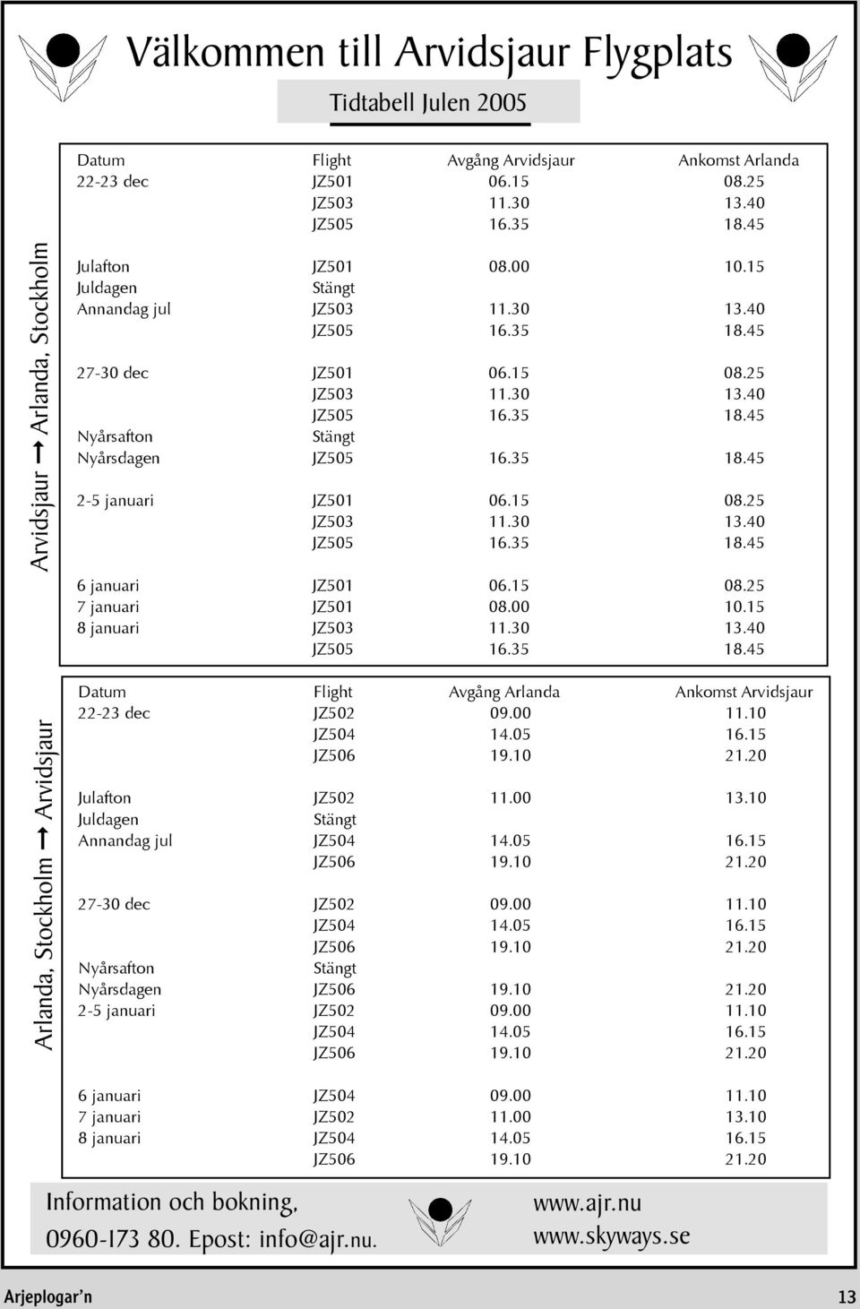 35 18.45 2-5 januari JZ501 06.15 08.25 JZ503 11.30 13.40 JZ505 16.35 18.45 6 januari JZ501 06.15 08.25 7 januari JZ501 08.00 10.15 8 januari JZ503 11.30 13.40 JZ505 16.35 18.45 Arlanda, Stockholm Arvidsjaur Datum Flight Avgång Arlanda Ankomst Arvidsjaur 22-23 dec JZ502 09.