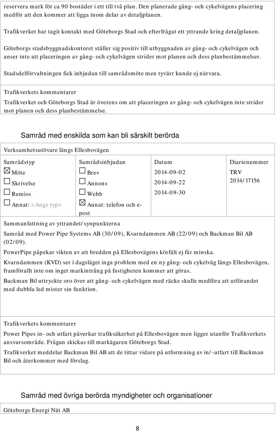 Göteborgs stadsbyggnadskontoret ställer sig positiv till utbyggnaden av gång- och cykelvägen och anser inte att placeringen av gång- och cykelvägen strider mot planen och dess planbestämmelser.