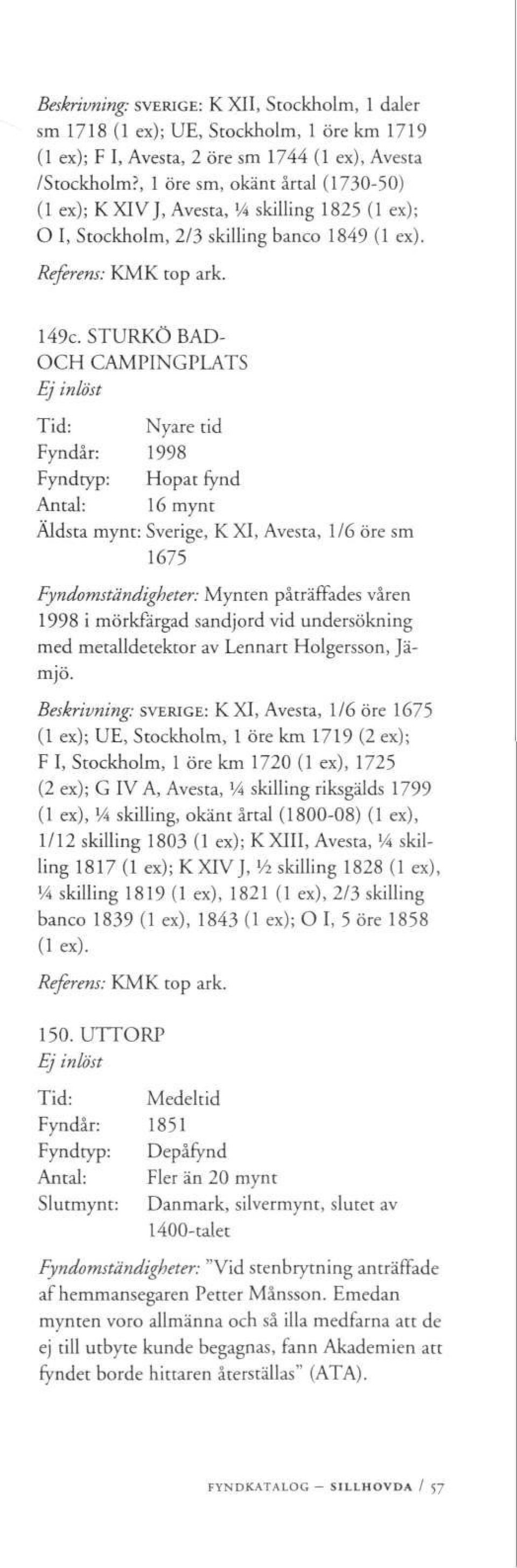 STURKÖ BAD- Fyndår: 1998 Fyndtyp: Hopat fynd Antal: 16 mynt Äldsta mynt: Sverige, K XI, Avesta, 1/6 öre sm 1675 Fyndomständigheter: Mynten påträffades våren 1998 i mörkfärgad sandjord vid