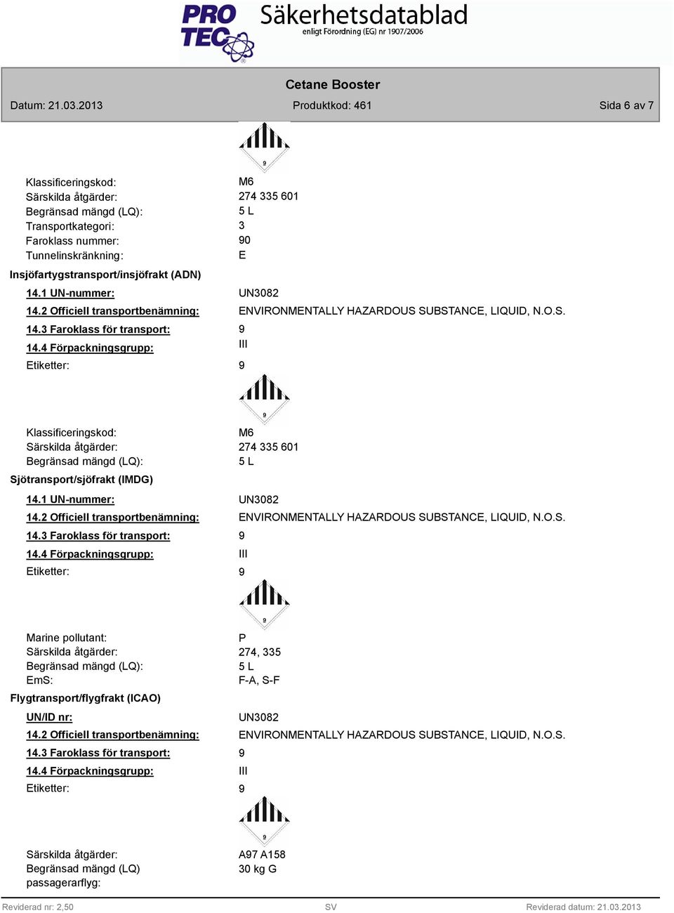 4 Förpackningsgrupp: III Etiketter: Klassificeringskod: Särskilda åtgärder: Begränsad mängd (LQ): Sjötransport/sjöfrakt (IMDG) 14.1 UN-nummer: 14.