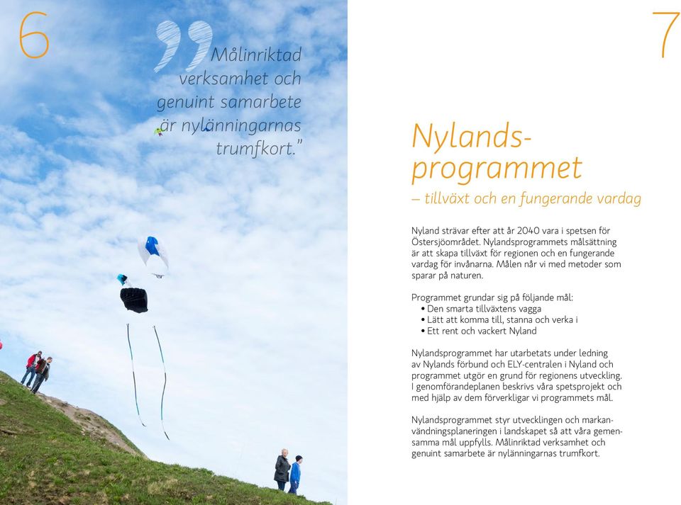Programmet grundar sig på följande mål: Den smarta tillväxtens vagga Lätt att komma till, stanna och verka i Ett rent och vackert Nyland Nylandsprogrammet har utarbetats under ledning av Nylands