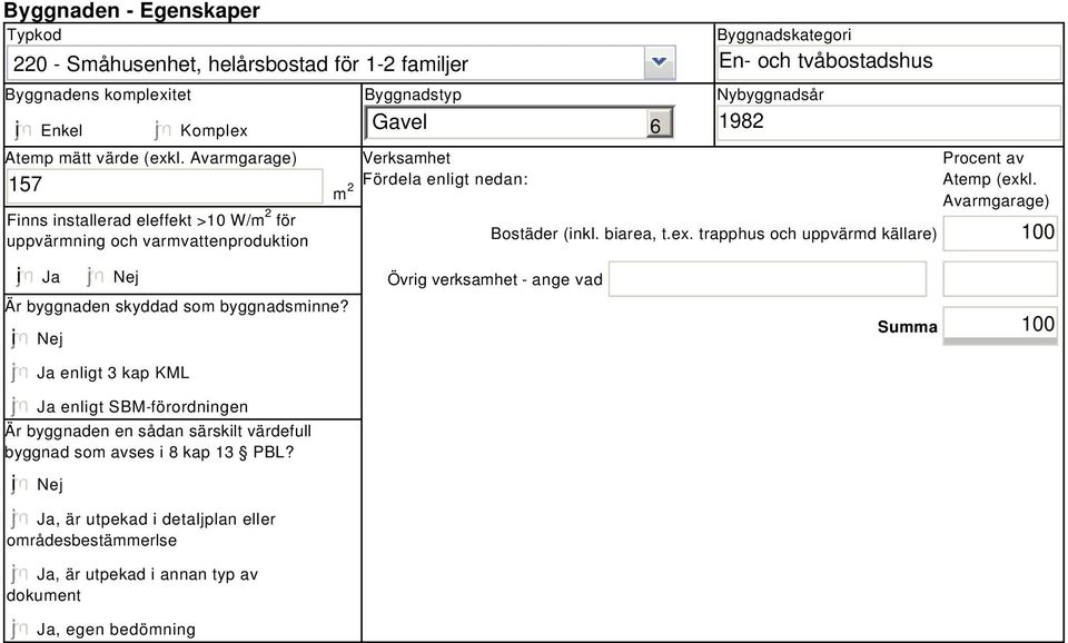 Nybyggnadsår 1982 Bostäder (inkl. biarea, t.ex. trapphus och uppvärmd källare) Procent av Atemp (exkl. Avarmgarage) 100 i Ja i Nej Nej Är byggnaden skyddad som byggnadsminne?