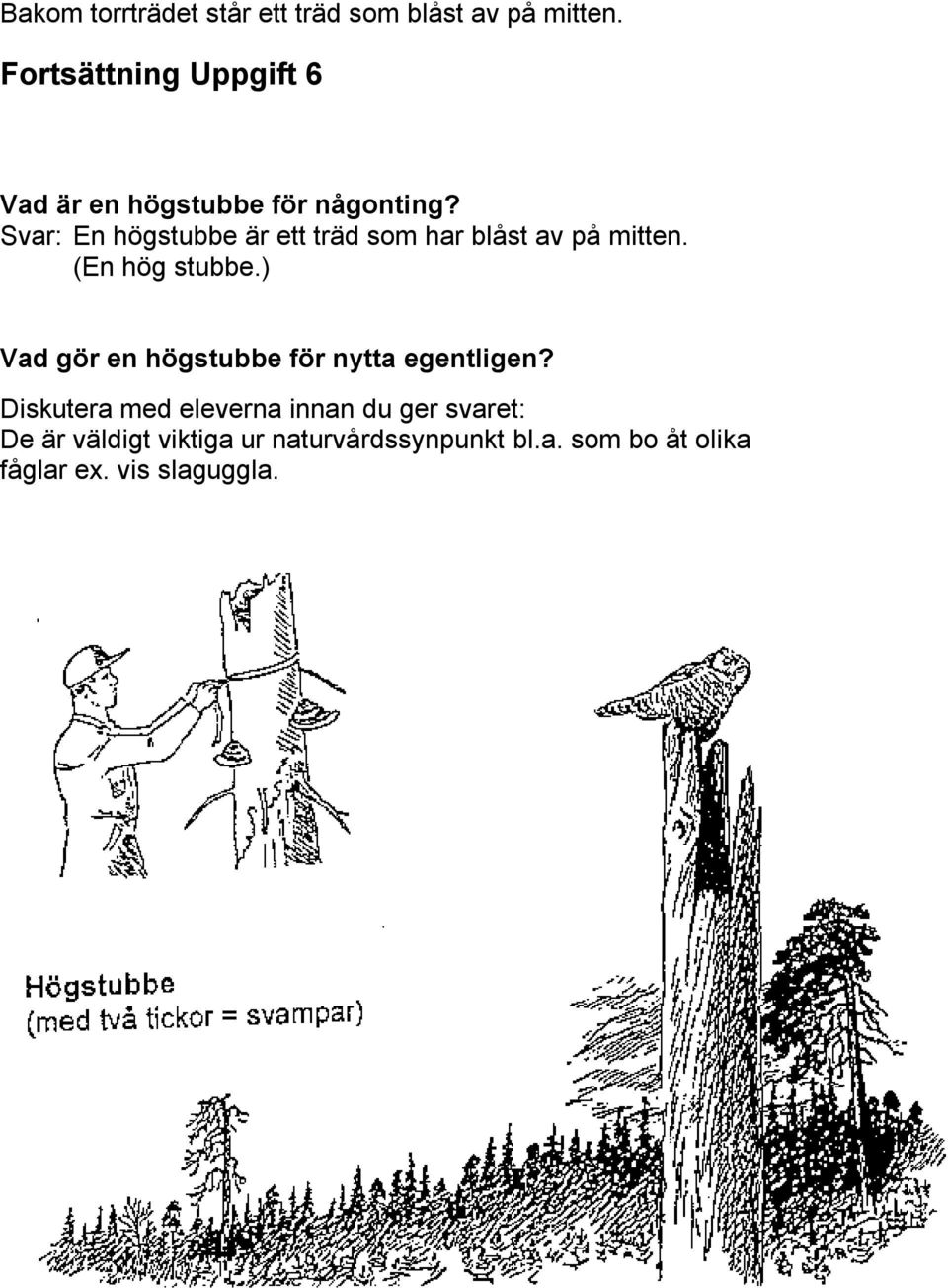 Svar: En högstubbe är ett träd som har blåst av på mitten. (En hög stubbe.