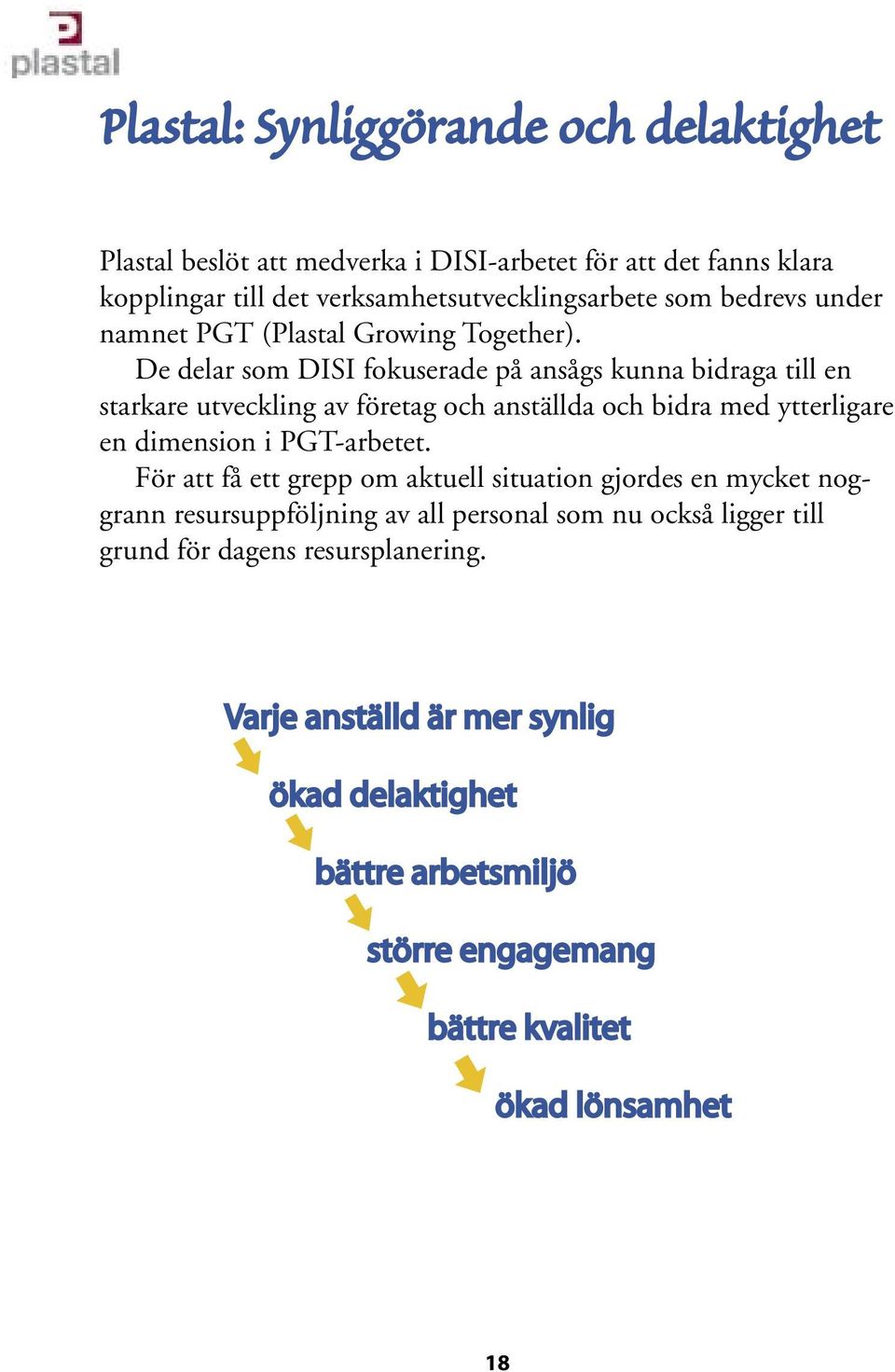 De delar som DISI fokuserade på ansågs kunna bidraga till en starkare utveckling av företag och anställda och bidra med ytterligare en dimension i PGT-arbetet.