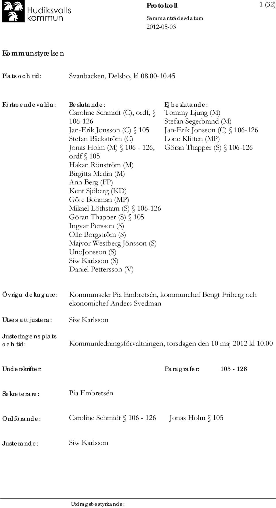 Ann Berg (FP) Kent Sjöberg (KD) Göte Bohman (MP) Mikael Löthstam (S) 106-126 Göran Thapper (S) 105 Ingvar Persson (S) Olle Borgström (S) Majvor Westberg Jönsson (S) UnoJonsson (S) Siw Karlsson (S)