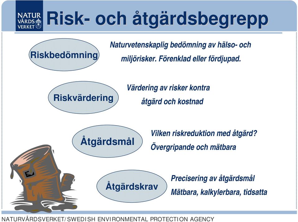 Riskvärdering Värdering av risker kontra åtgärd och kostnad Åtgärdsmål Vilken