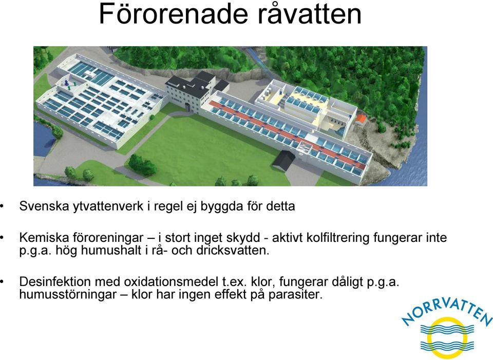 Desinfektion med oxidationsmedel t.ex. klor, fungerar dåligt p.g.a. humusstörningar klor har ingen effekt på parasiter.