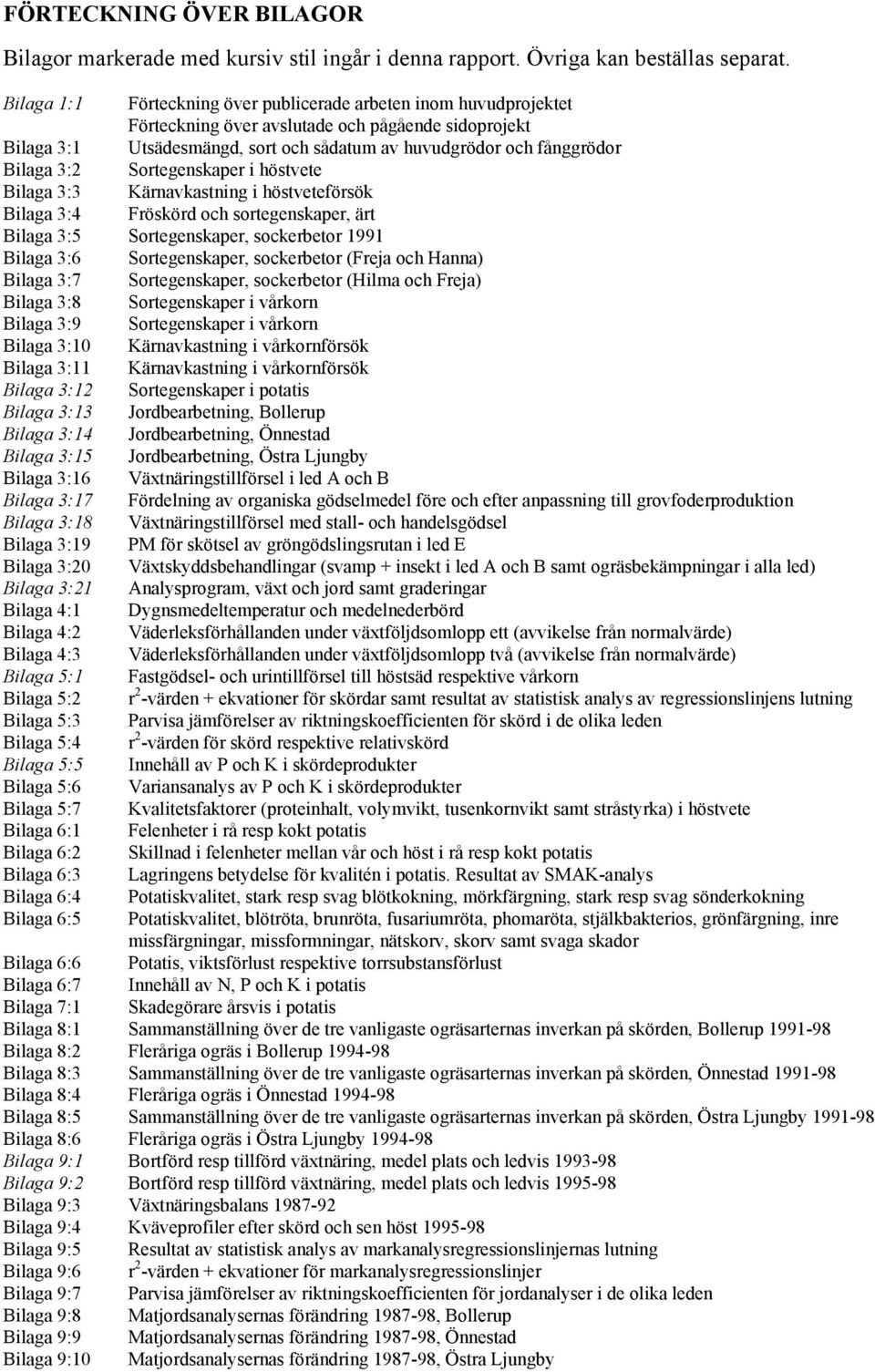 3:2 Sortegenskaper i höstvete Bilaga 3:3 Kärnavkastning i höstveteförsök Bilaga 3:4 Fröskörd och sortegenskaper, ärt Bilaga 3:5 Sortegenskaper, sockerbetor 1991 Bilaga 3:6 Sortegenskaper, sockerbetor