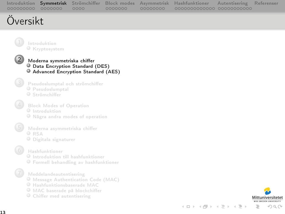 Moderna asymmetriska chier RSA Digitala signaturer 6 Hashfunktioner Introduktion till hashfunktioner Formell behandling av