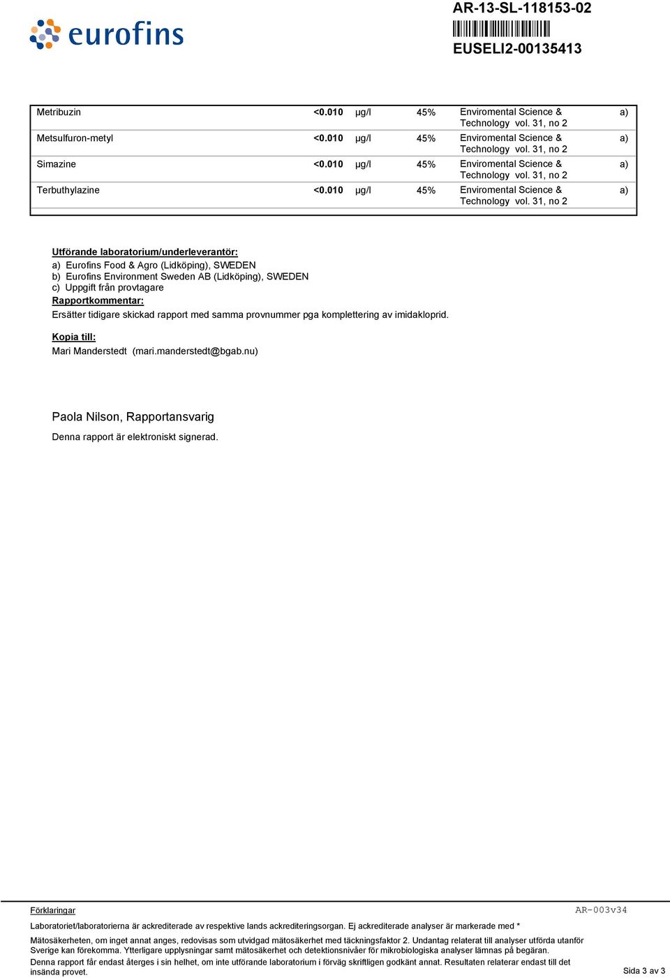 010 µg/l 45% Enviromental Science & a) Utförande laboratorium/underleverantör: a) Eurofins Food & Agro (Lidköping), SWEDEN Eurofins Environment Sweden AB (Lidköping), SWEDEN c) Uppgift från