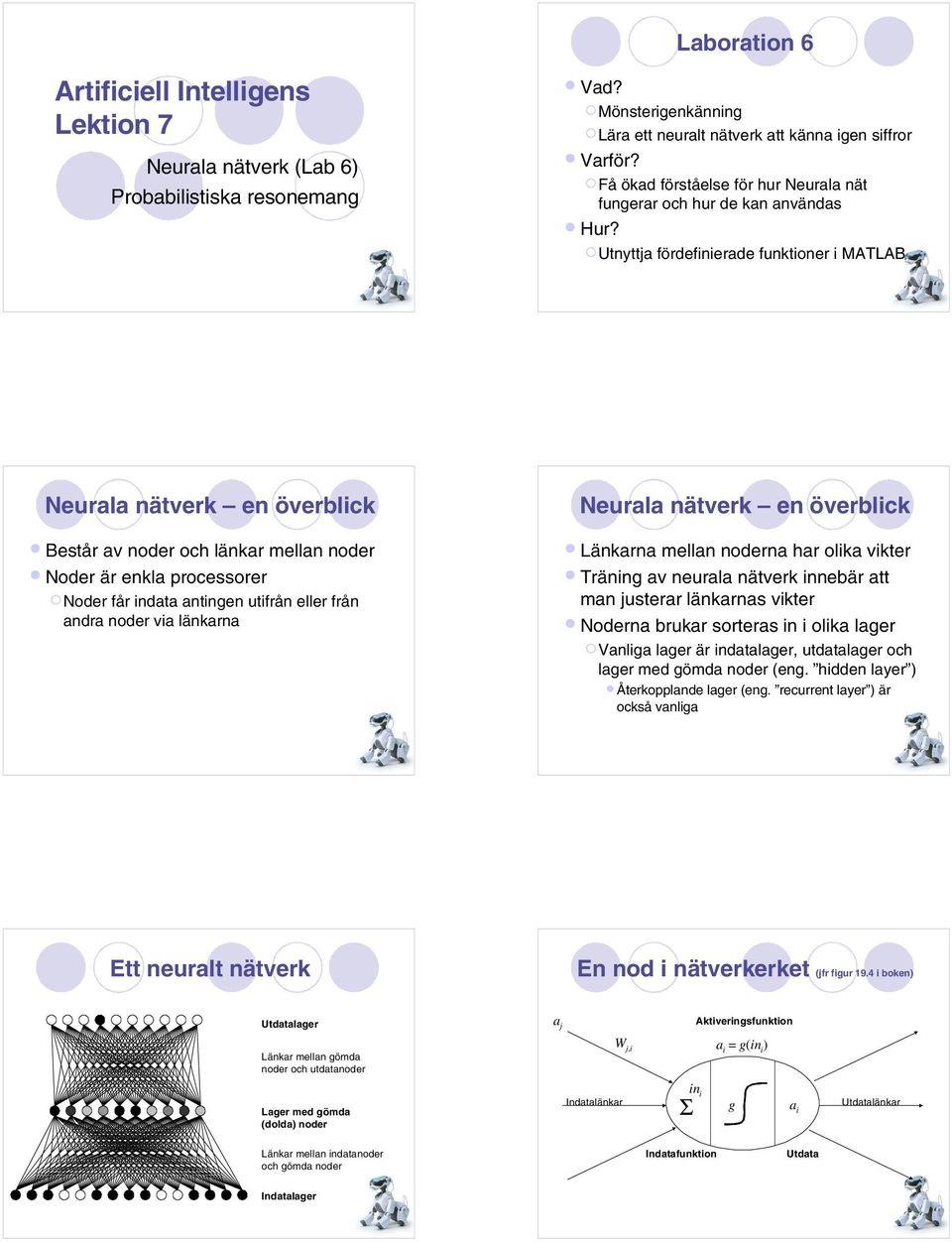 Utnyttja fördefinierade funktioner i MATLAB Neurala nätverk en överblick Består av noder och länkar mellan noder Noder är enkla processorer Noder får indata antingen utifrån eller från andra noder