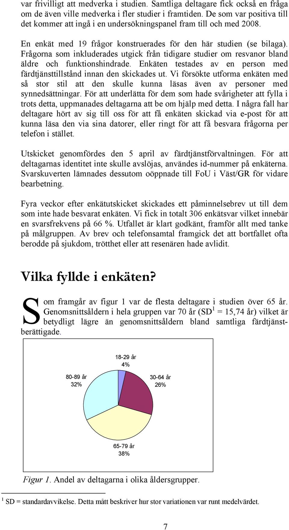 Frågorna som inkluderades utgick från tidigare studier om resvanor bland äldre och funktionshindrade. Enkäten testades av en person med färdtjänsttillstånd innan den skickades ut.