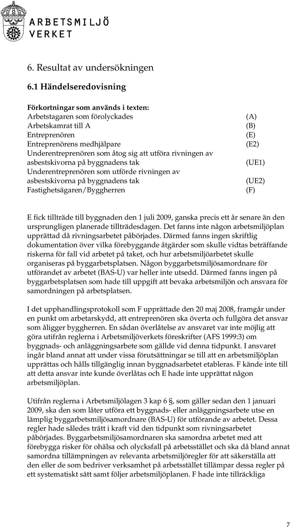 rivningen av asbestskivorna på byggnadens tak Underentreprenören som utförde rivningen av asbestskivorna på byggnadens tak Fastighetsägaren/Byggherren (A) (B) (E) (E2) (UE1) (UE2) (F) E fick