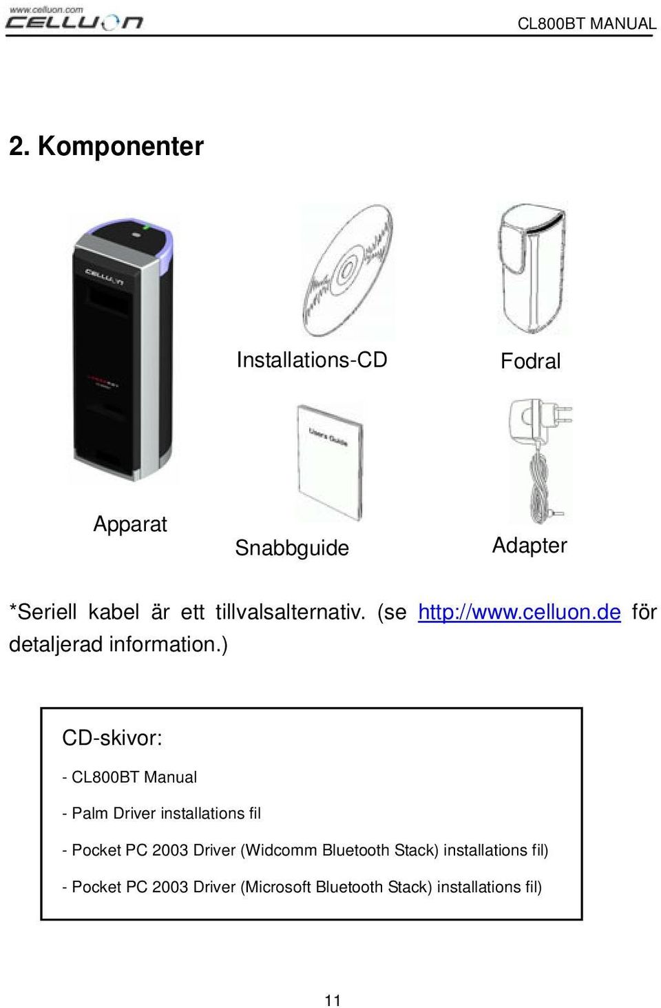 ) CD-skivor: - CL800BT Manual - Palm Driver installations fil - Pocket PC 2003 Driver