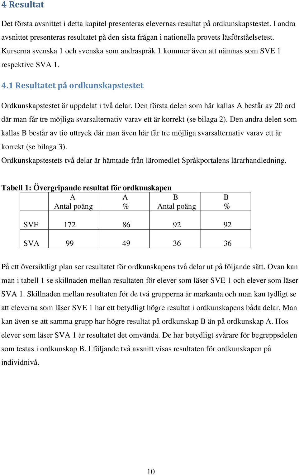 4.1 Resultatet på ordkunskapstestet Ordkunskapstestet är uppdelat i två delar.